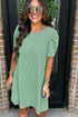 Corded Knit Crew Neck Puff Sleeve Shift Mini Dress